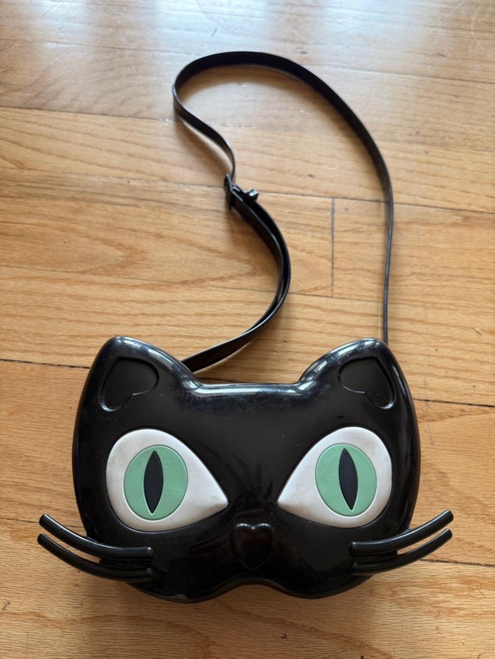 Mini Melissa Black Cat Face Crossbody Bag with Green Eye Accents